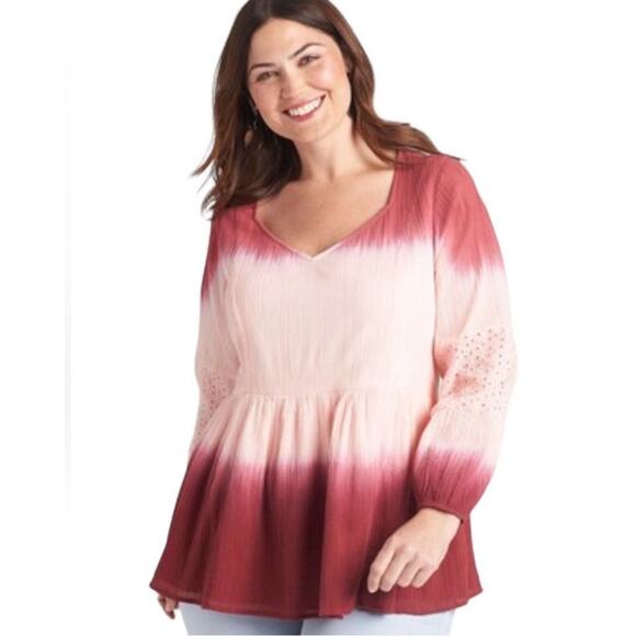 Lane Bryant Top Womens Plus Size 18 Pink Red Tie Dye Gauze Ling Sleeve Lined - Picture 1 of 8